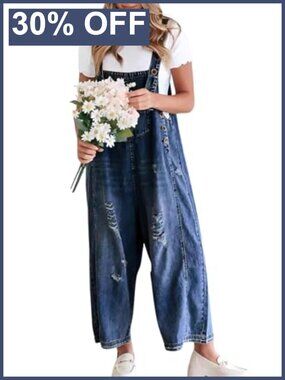 chouyatou Women Loose Adjustable Strap Denim Bib Overall Jeans Distressed Wide